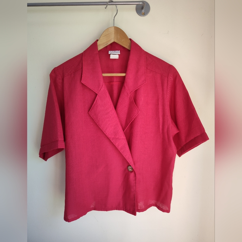 Vintage Koret magenta short sleeve rayon flax blazer shacket petite 10 EUC
